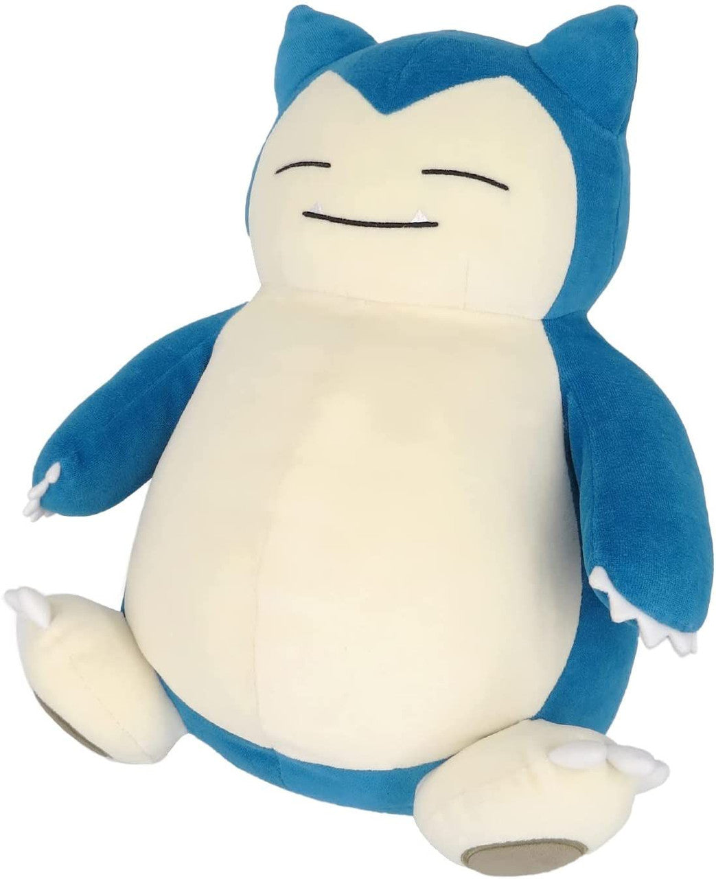 Pokémon Snorlax som stor myk pute-bamse, sittende med blå rygg, kremhvit mage og lukkede fornøyde øyne