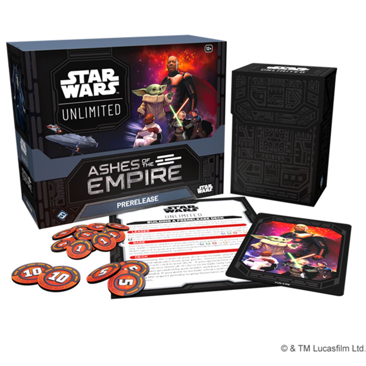 Innholdet i Prerelease Boxen: booster pakker, damage counters, deckbuilding-guide og deck box