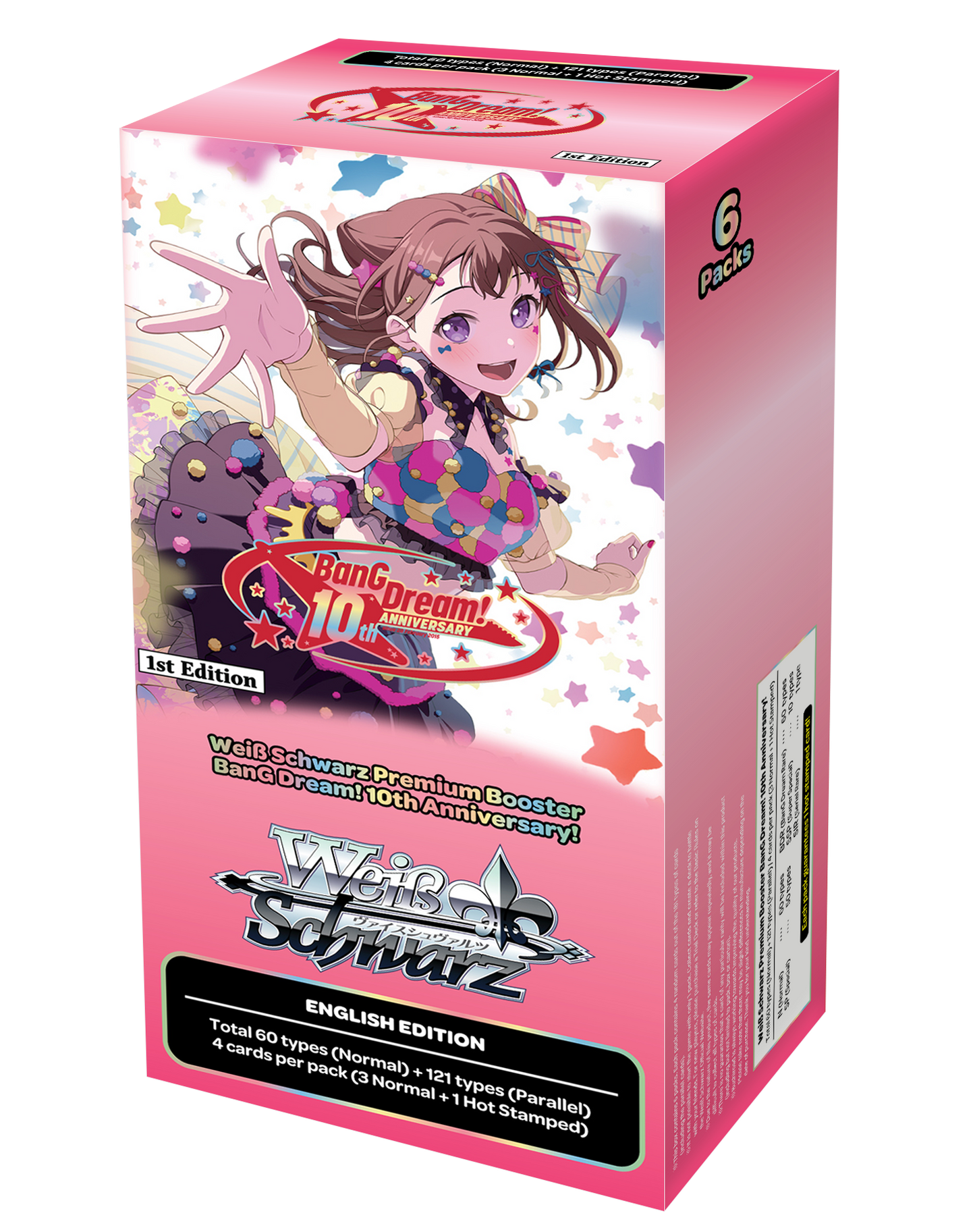 Weiss Schwarz BanG Dream! 10th Anniversary! Premium Booster Box (engelsk) – rosa eske med Kasumi fra Poppin'Party og jubileumslogo, 6 pakker