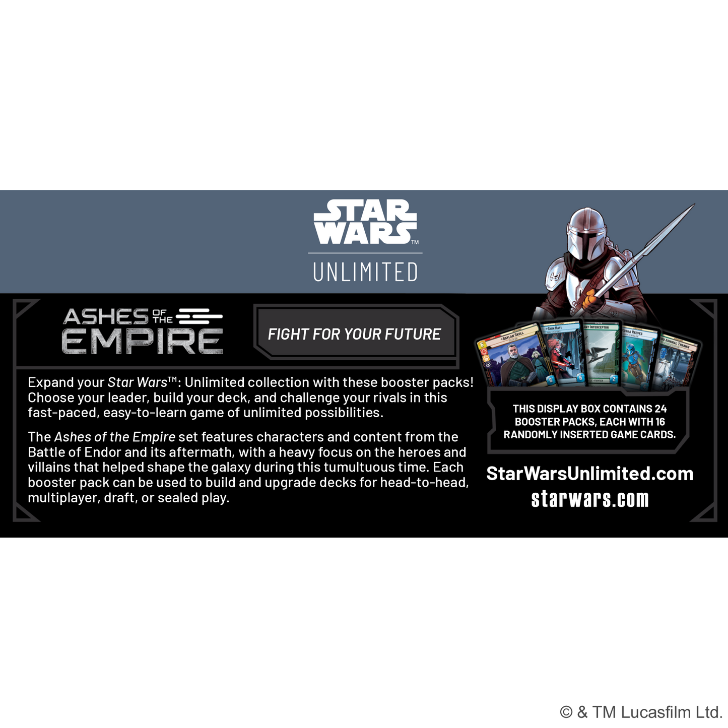 Baksiden av Ashes of the Empire booster displayet med innholdsinfo – 24 pakker med 16 kort