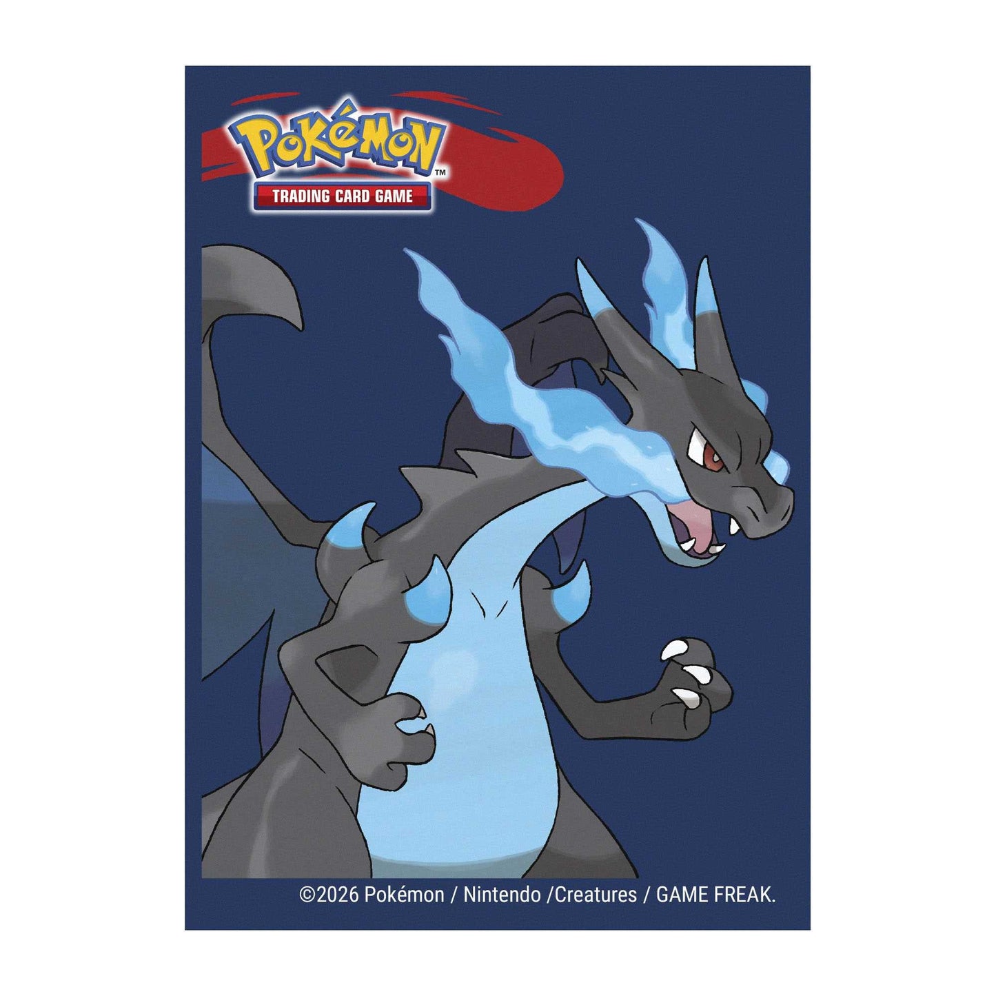 Nærbilde av kortrygg med Mega Charizard X, Ultra Pro Deck Protector Sleeves