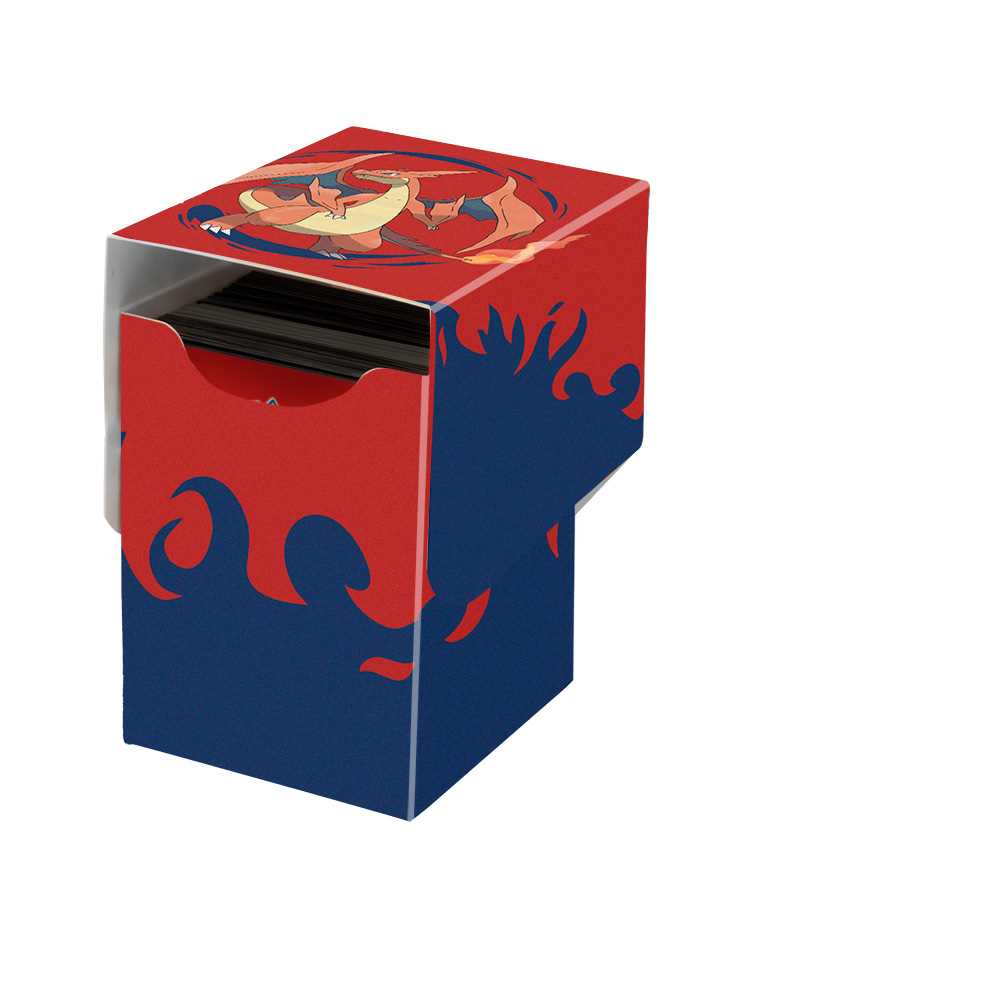 Ultra Pro Deck Box med Mega Charizard Y, sett skrått forfra med lokket delvis av