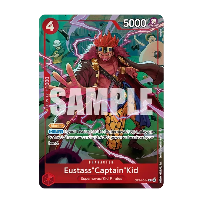 Promokort Eustass "Captain" Kid OP14-014 – Eustass Captain Kid omgitt av lyn og metall