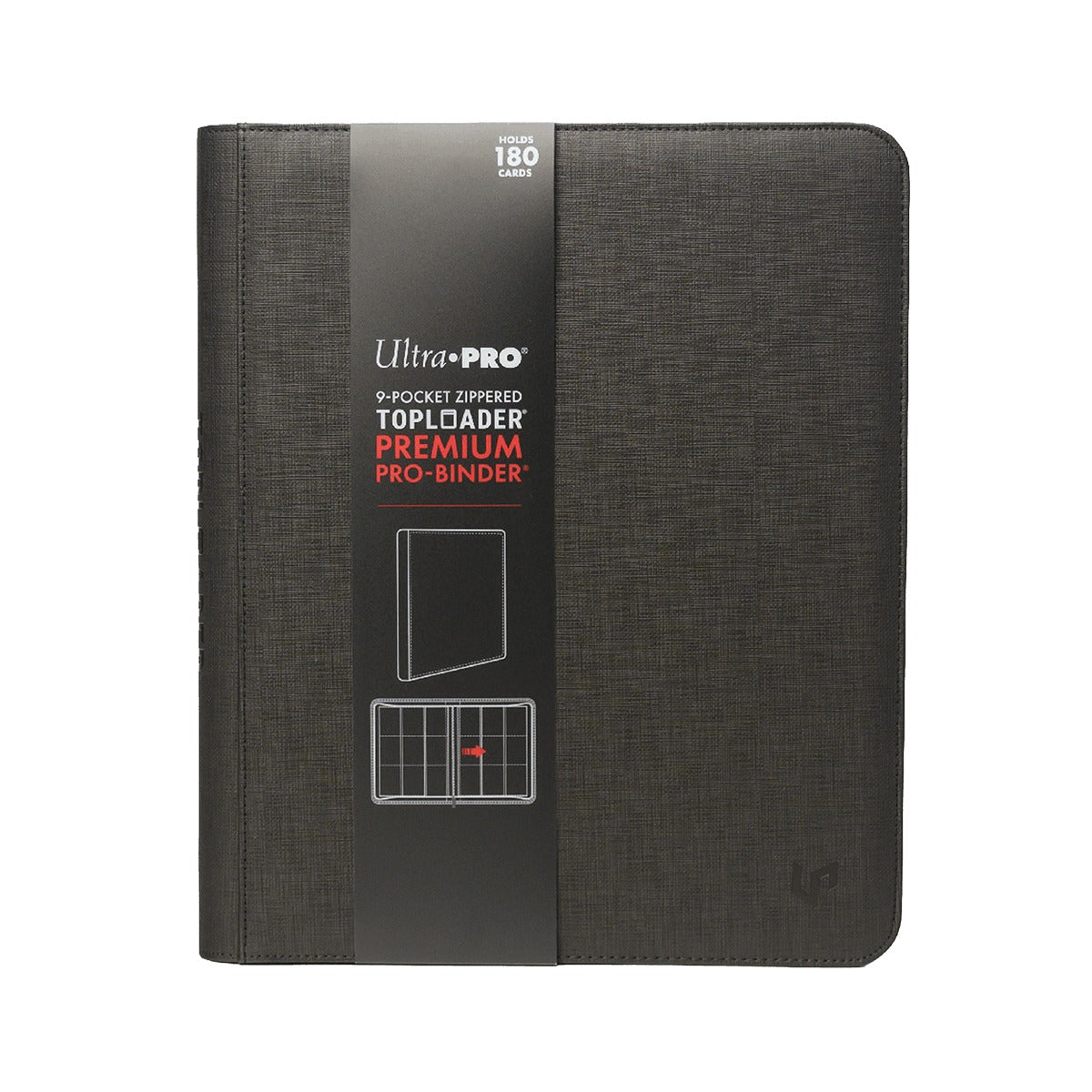 Forsiden av emballasjen: 9-Pocket Zippered Toploader Premium PRO-Binder, plass til 180 kort
