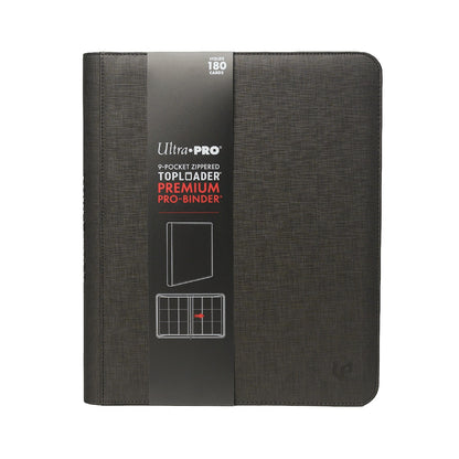 Forsiden av emballasjen: 9-Pocket Zippered Toploader Premium PRO-Binder, plass til 180 kort