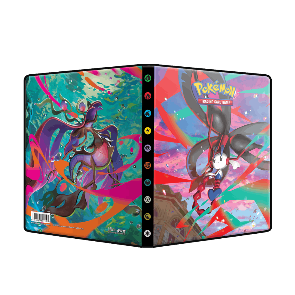 Ultra Pro Mega Evolution Chaos Rising 4-Pocket Portfolio utbrettet, med Mega Dragalge og Mega Floette