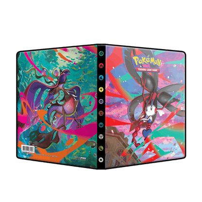 Ultra Pro Mega Evolution Chaos Rising 4-Pocket Portfolio utbrettet, med Mega Dragalge og Mega Floette