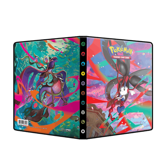 Ultra Pro Mega Evolution Chaos Rising 4-Pocket Portfolio utbrettet, med Mega Dragalge og Mega Floette