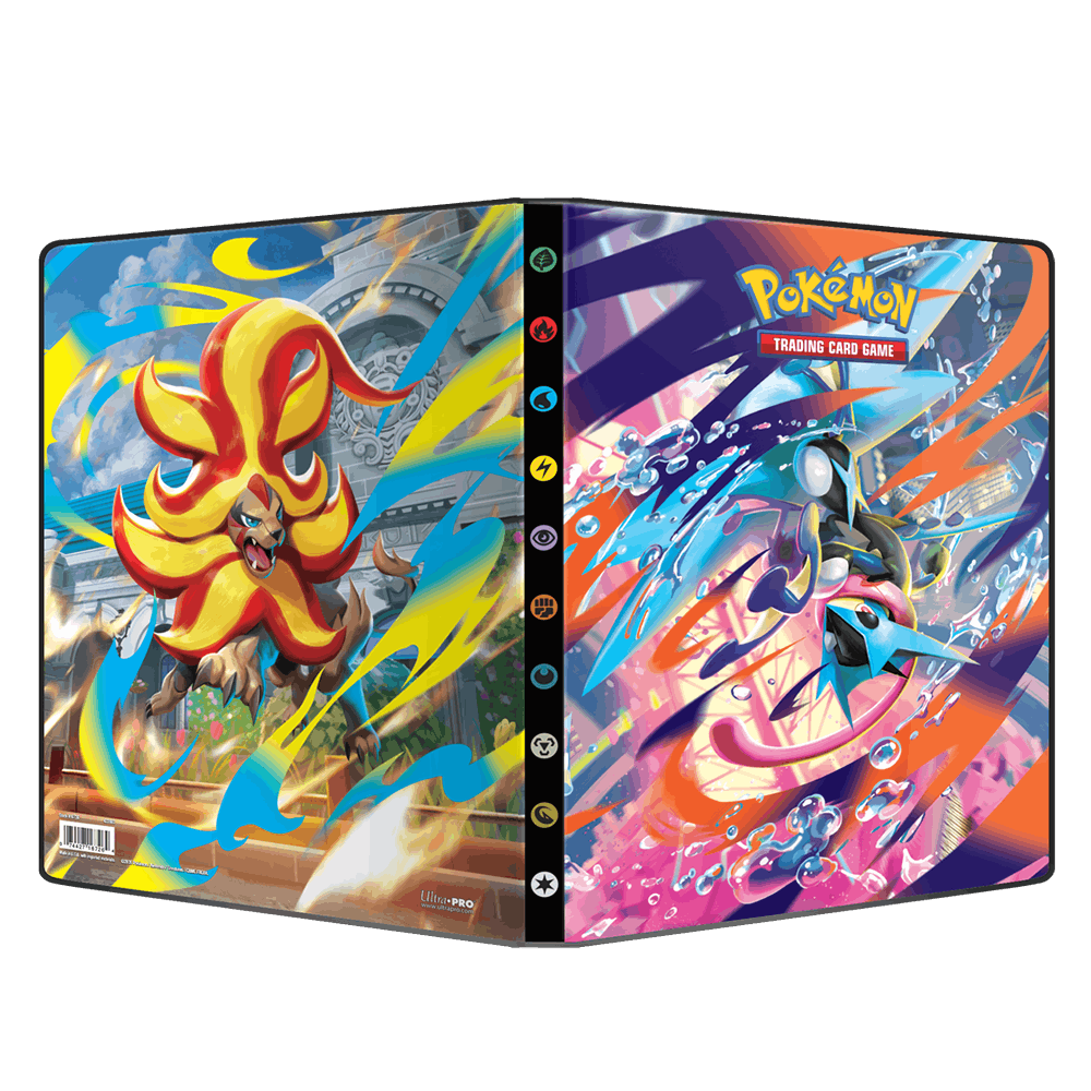 Ultra Pro 9-lommers portfolio fra Chaos Rising åpnet flatt, med Mega Pyroar og Mega Greninja