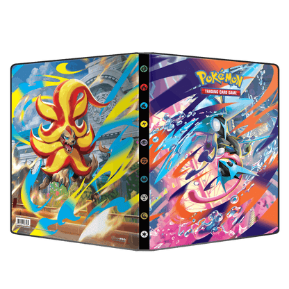 Ultra Pro 9-lommers portfolio fra Chaos Rising åpnet flatt, med Mega Pyroar og Mega Greninja
