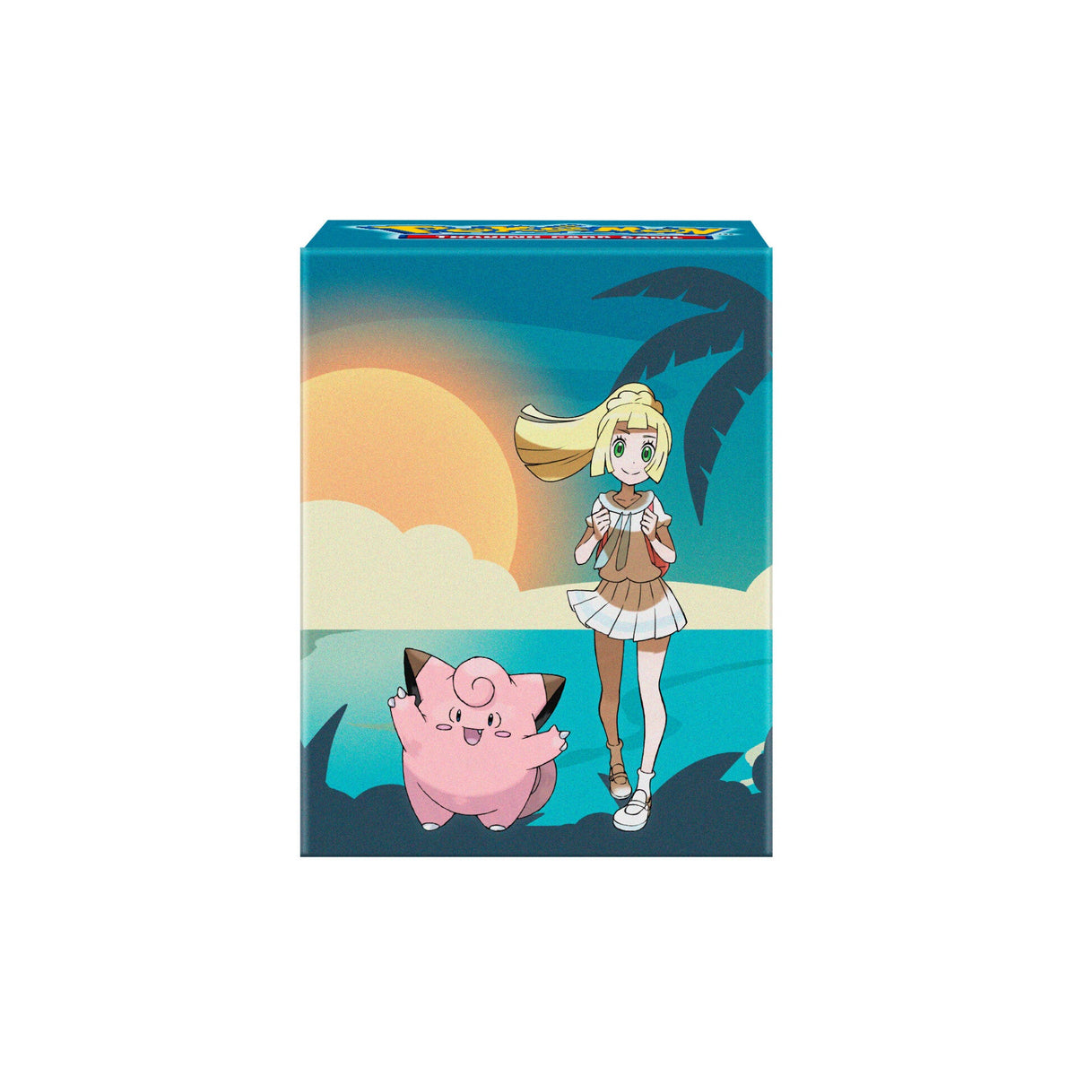 Ultra Pro 100+ deck box med Lillie og Clefairy foran palmer og hav