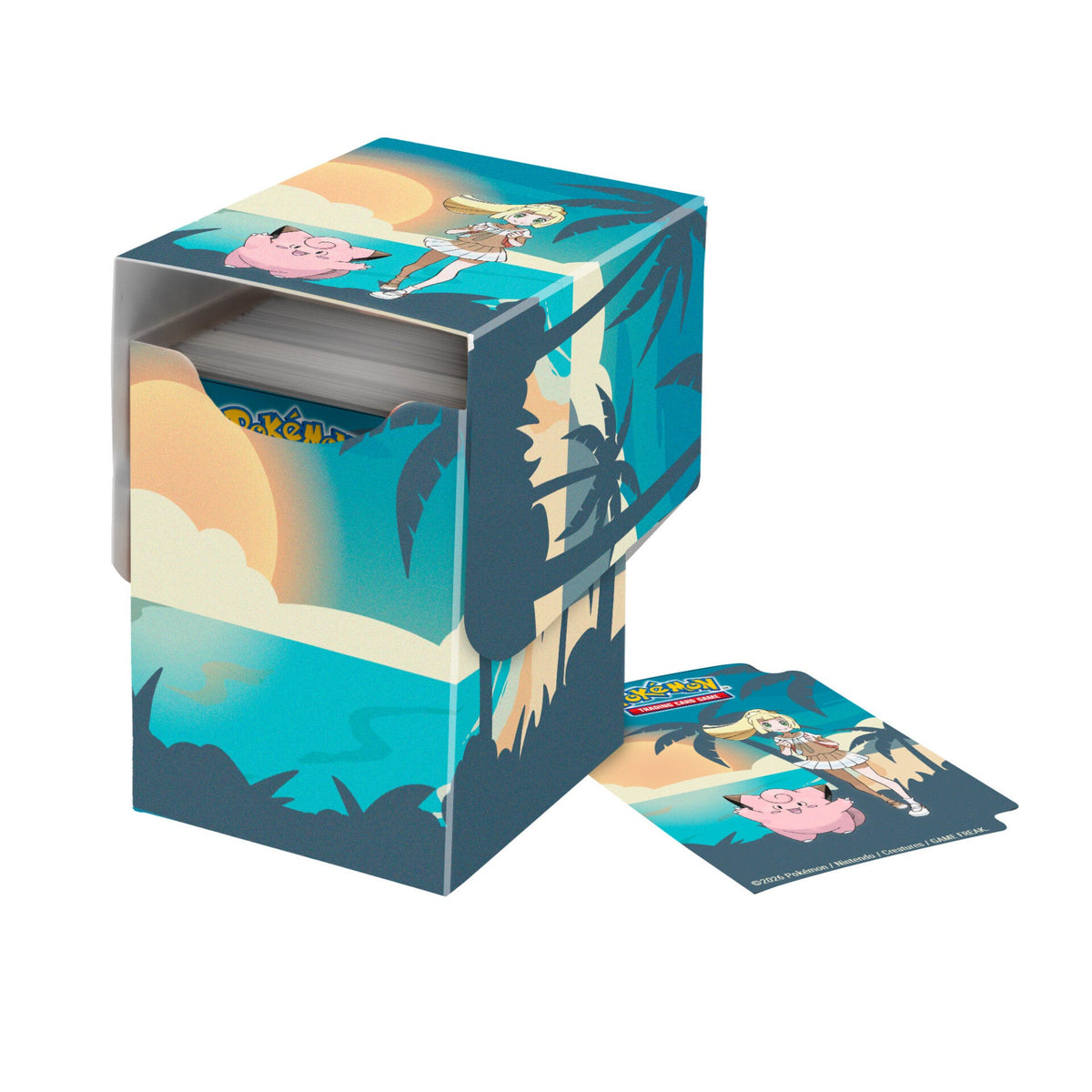 Åpen deck box med kort inni og deck divider i samme motiv