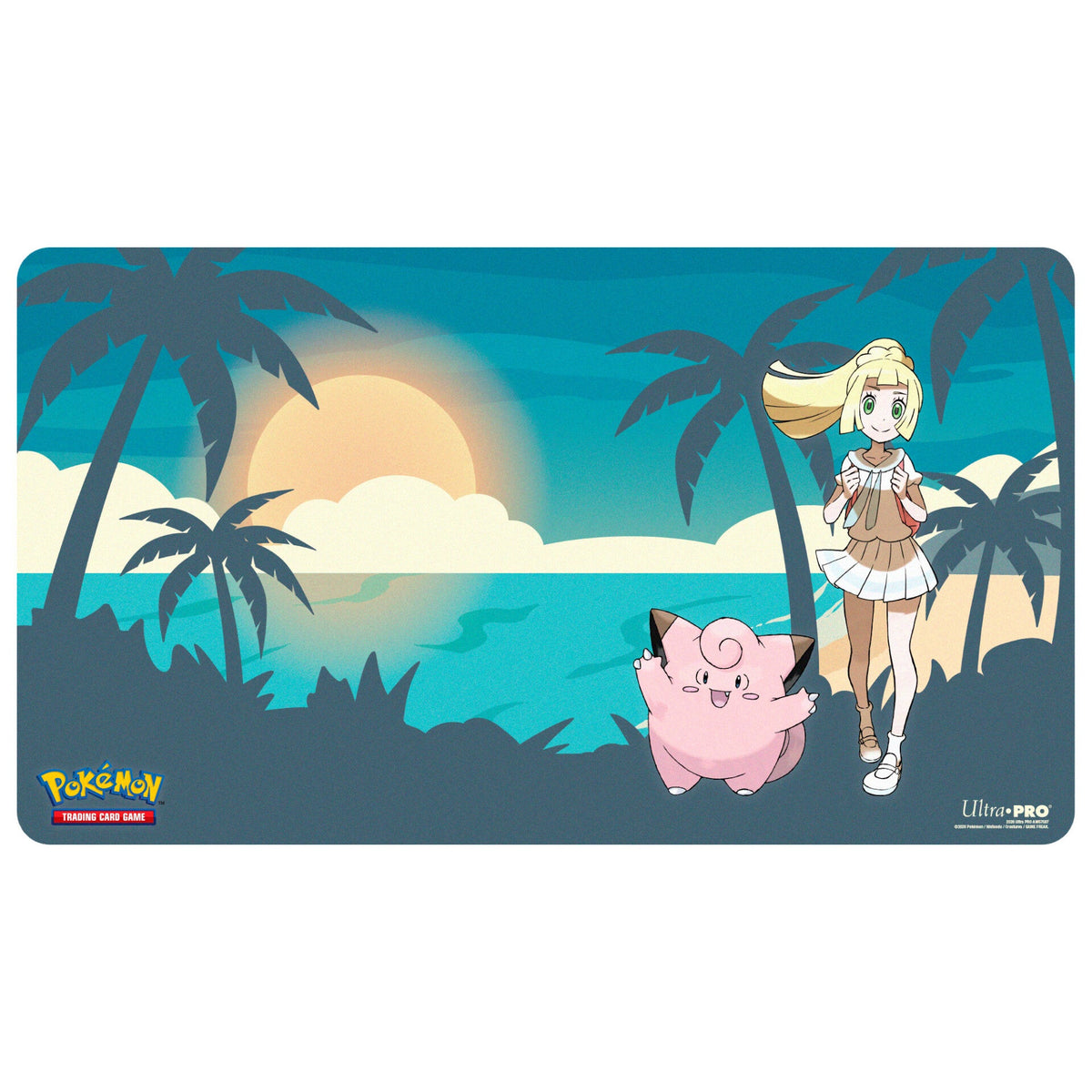 Ultra Pro spillematte sett ovenfra med Lillie og Clefairy på en strand i solnedgang