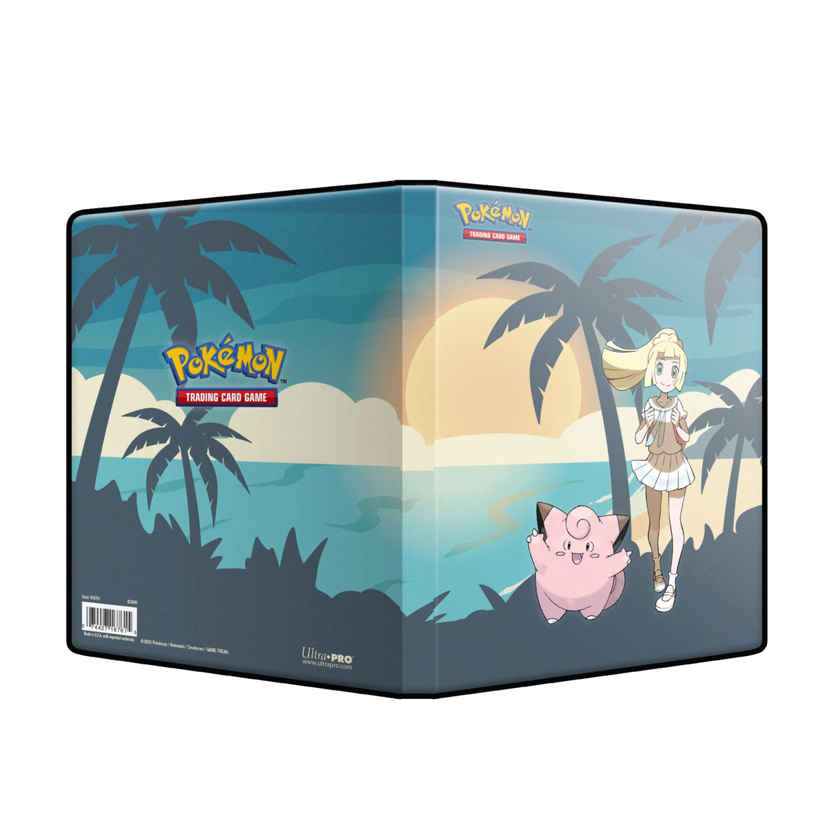 Portfolioen brettet helt ut, med Lillie og Clefairy på forsiden og palmer på baksiden