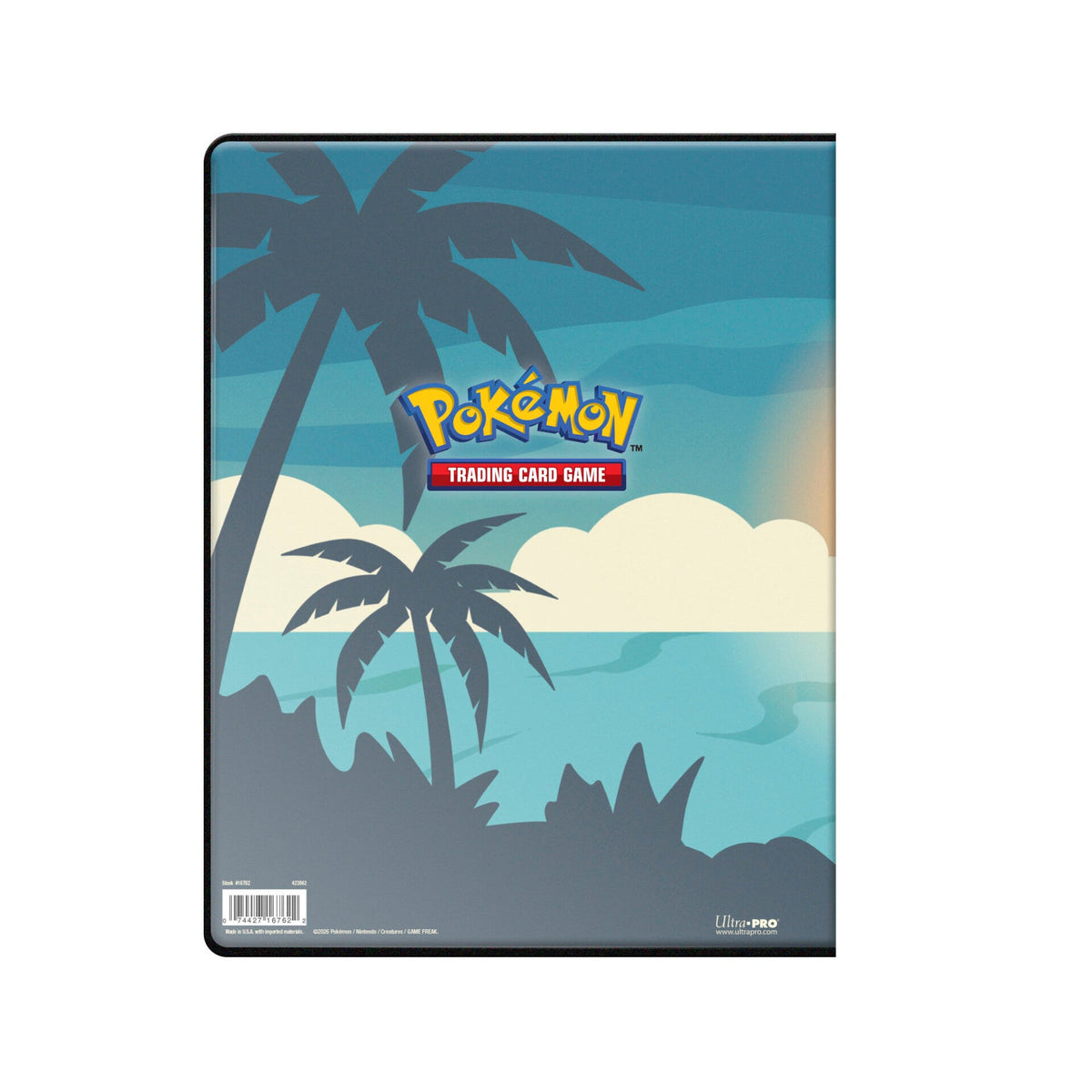 Baksiden av portfolioen med palmesilhuetter og Pokemon TCG-logo
