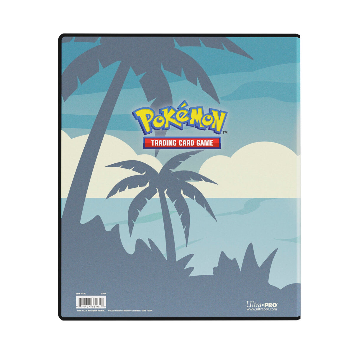 Baksiden av albumet med palmesilhuetter, Pokemon TCG-logo og strekkode