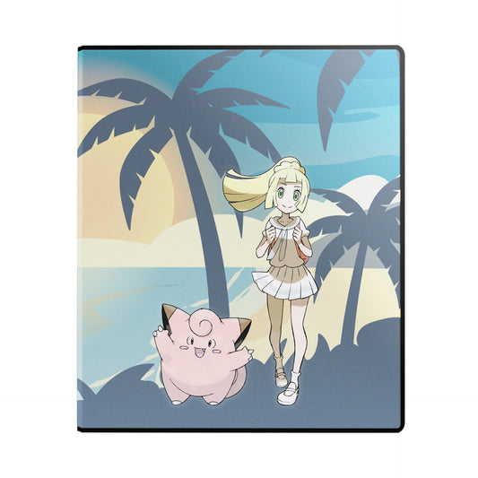 Forsiden av Ultra Pro 2" album med Lillie og Clefairy på en strand med palmer i solnedgang