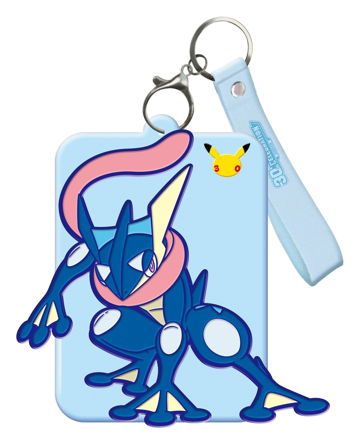 Kortholder med Greninja-motiv, blå stropp og nøkkelring fra Card Display Set
