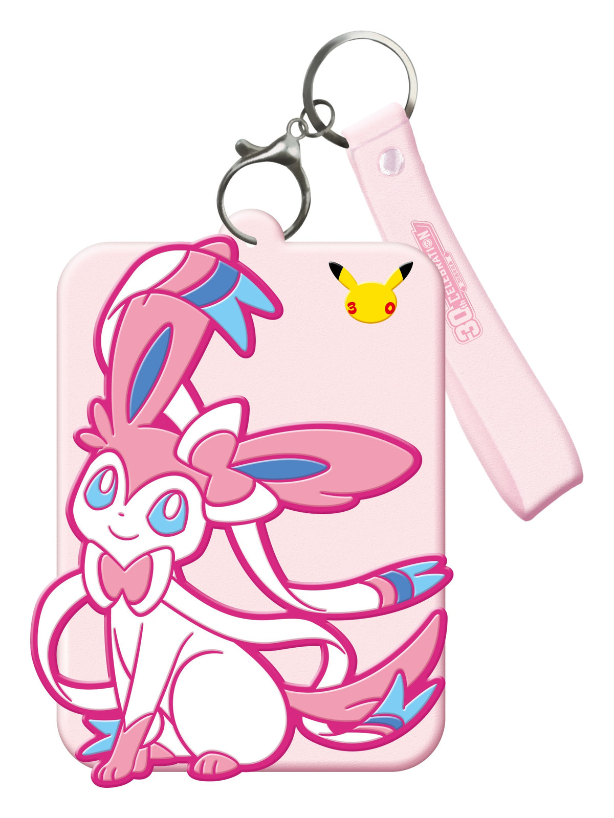 Kortholder med Sylveon-motiv, rosa stropp og nøkkelring fra Card Display Set