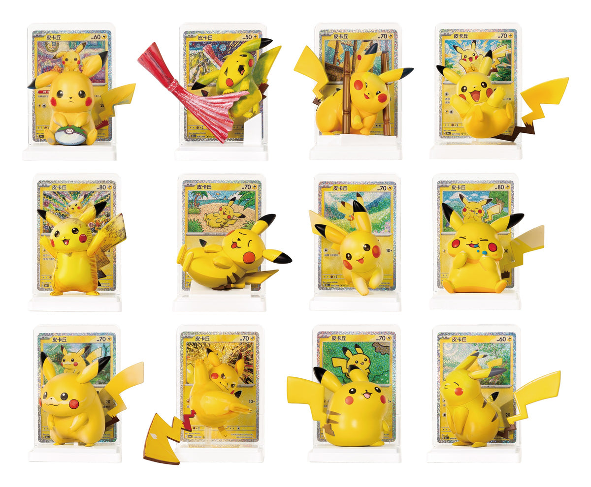 De 12 vanlige Pikachu-figurene i Dream Painting 30th Celebration, hver med sitt kort