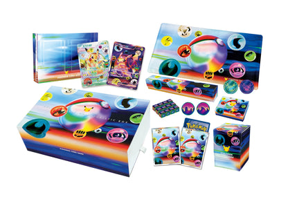 Innholdet i kinesisk 30th Celebration Futuristic Gift Box, med to Pikachu ex-kort, playmat, sleeves og esker