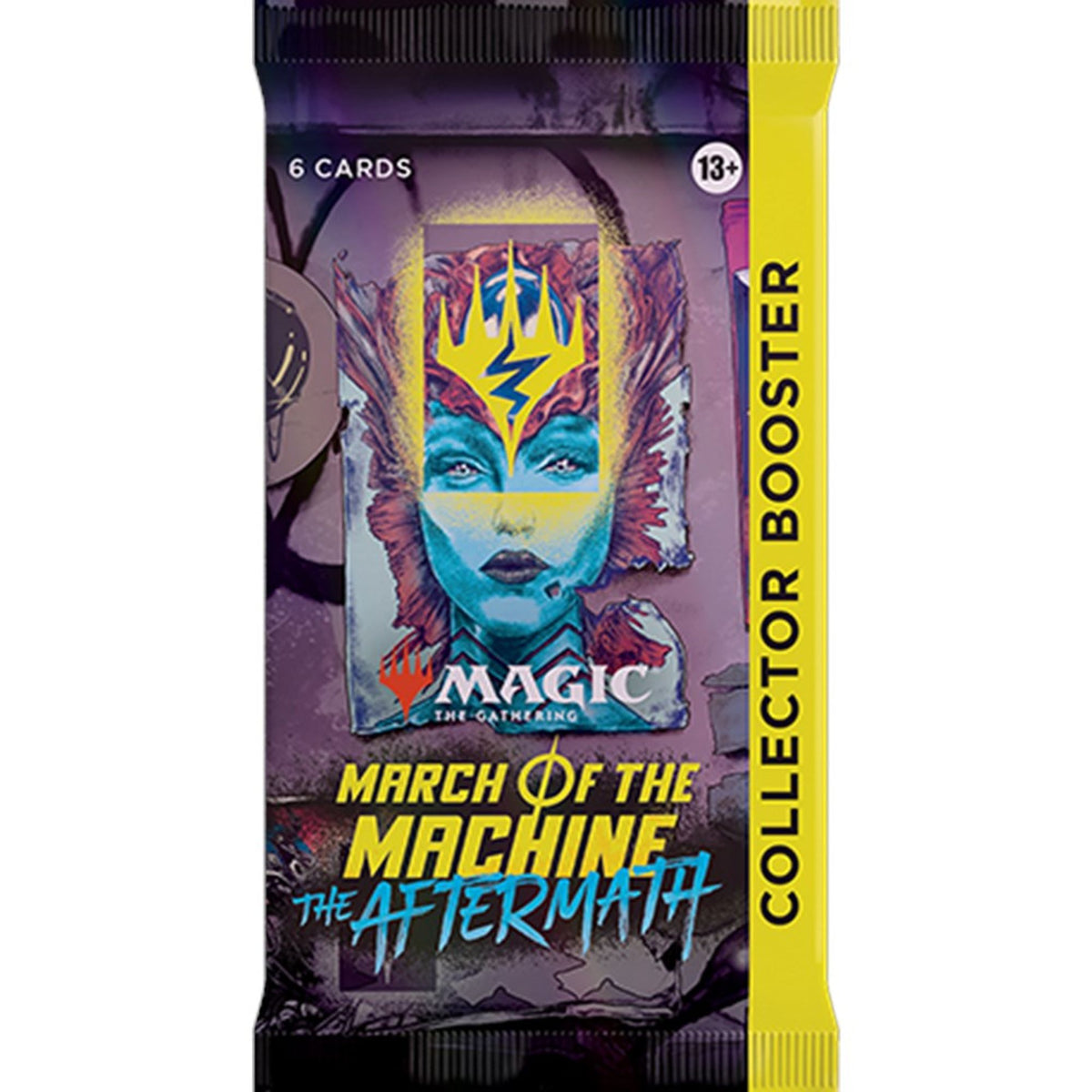 Collector booster pakke fra March of the Machine: The Aftermath med gul sidekant, 6 kort per pakke.