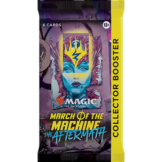 Collector booster pakke fra March of the Machine: The Aftermath med gul sidekant, 6 kort per pakke.