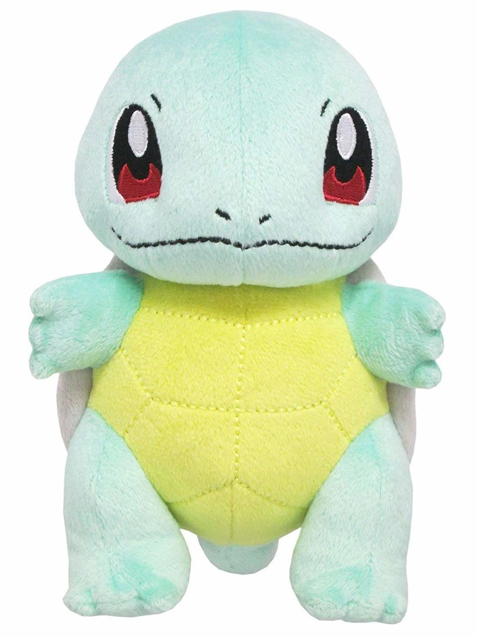 Pokémon Squirtle-bamse sett rett forfra med røde øyne, turkis kropp og gul buk