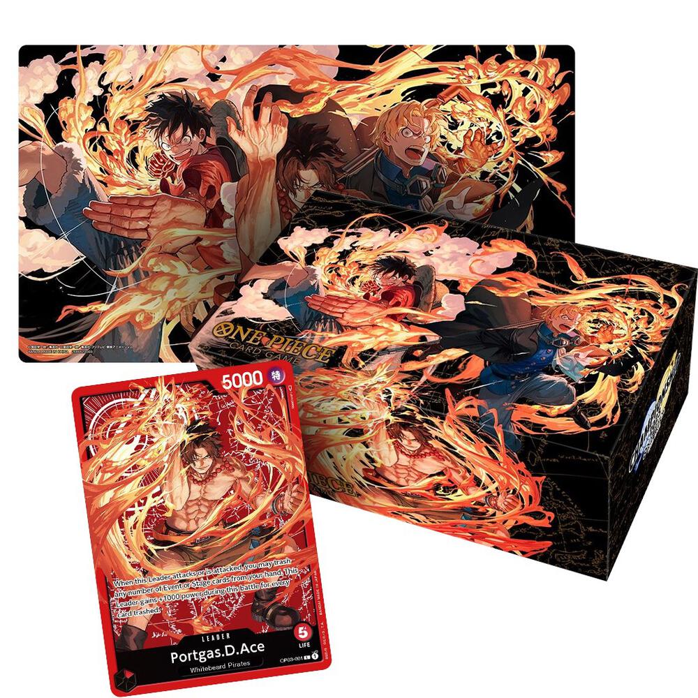 One Piece Special Goods Set med Ace, Sabo og Luffy, samlekort og eske