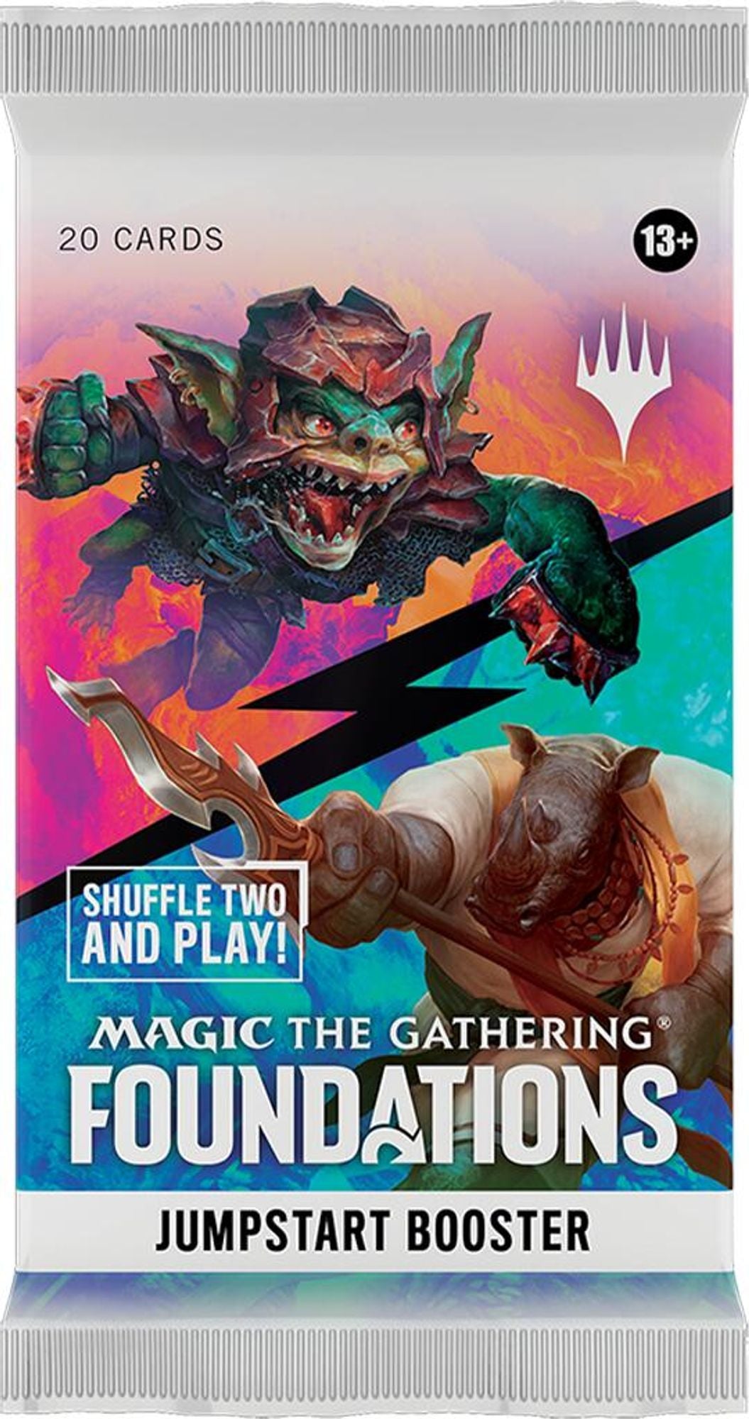 Jumpstart booster pakke fra Magic The Gathering Foundations 2025 med goblin og nesehorn-kriger, 20 kort per pakke.