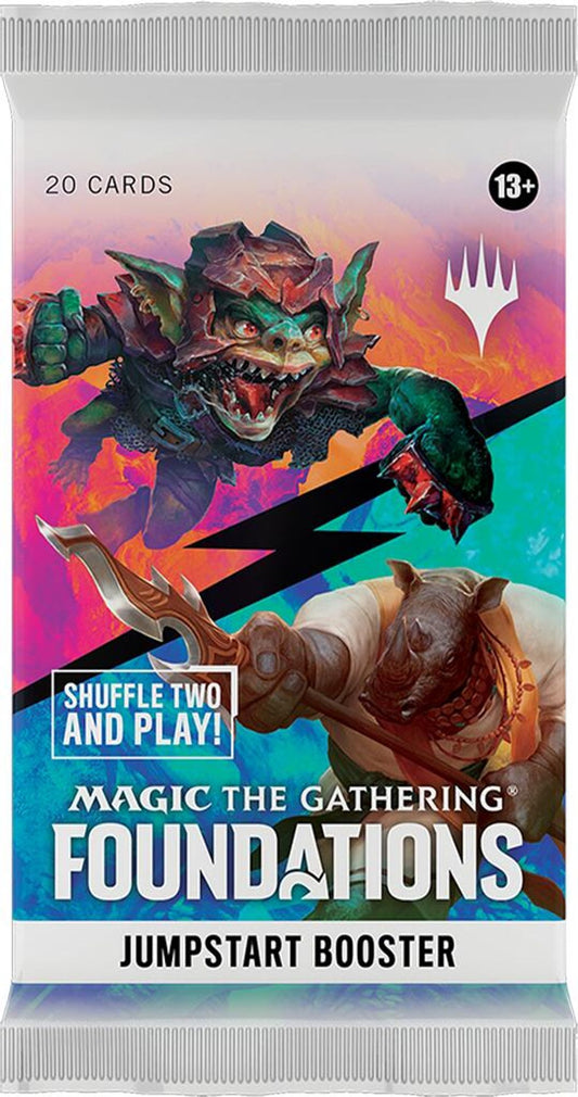 Jumpstart booster pakke fra Magic The Gathering Foundations 2025 med goblin og nesehorn-kriger, 20 kort per pakke.