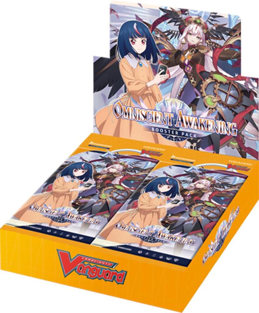 Cardfight!! Vanguard Omniscient Awakening Booster Box – oransje display med to anime-figurer og booster-pakker