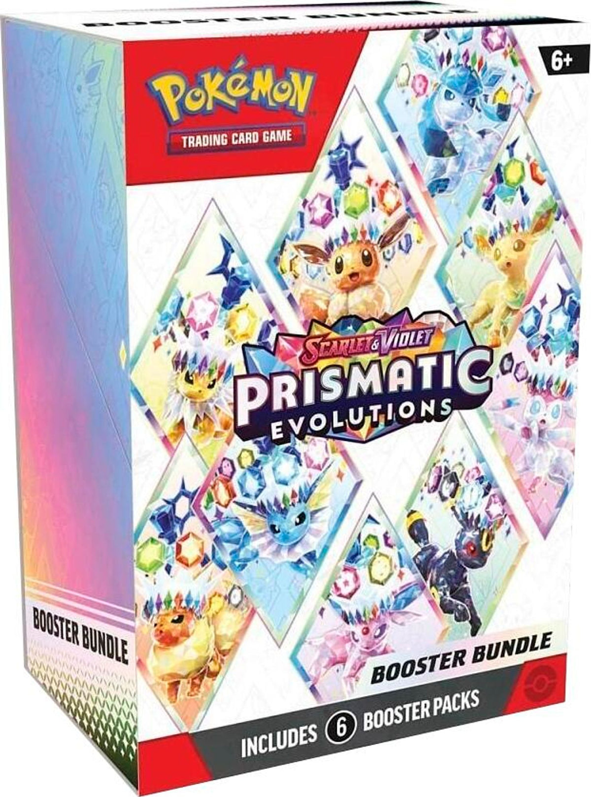 Pokemon Prismatic Evolutions Booster Bundle med Eevee og alle eeveelutions på esken – casen inneholder 25 slike