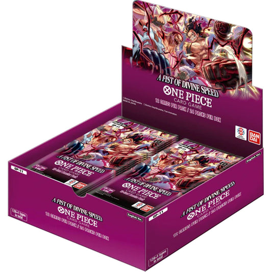 One Piece OP11 A Fist Of Divine Speed booster box, engelsk utgave (English Ver.), åpent display med Luffy og Katakuri