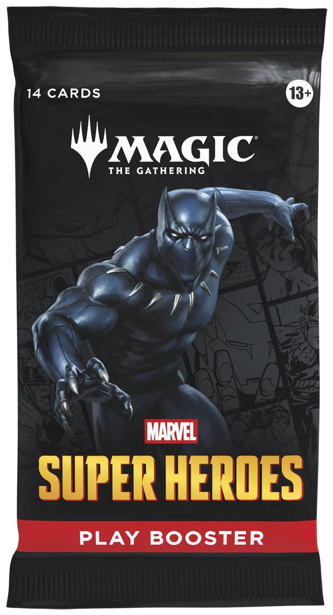 Booster pakke fra Magic The Gathering Marvel Super Heroes med Black Panther på forsiden, 14 kort per pakke.