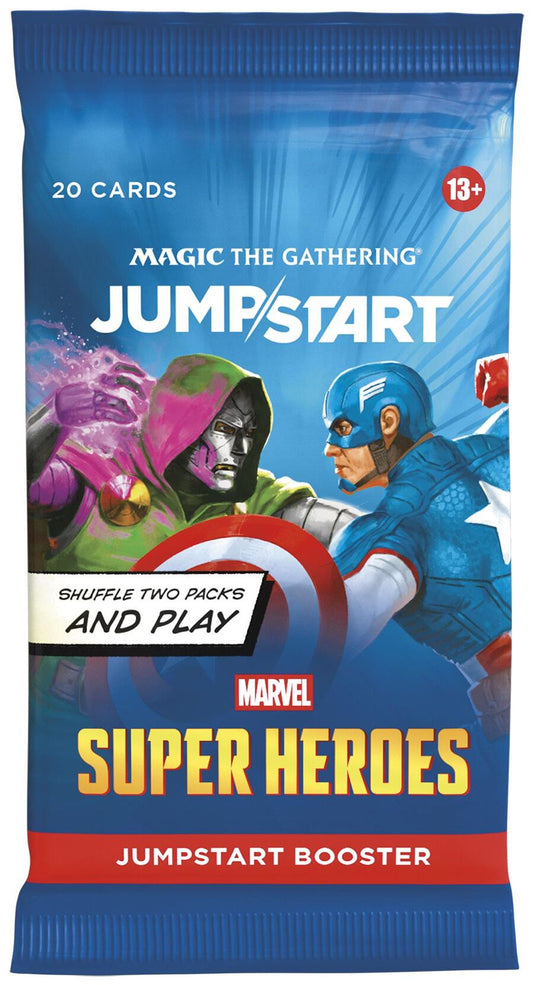 Jumpstart booster pakke fra Marvel Super Heroes med Doctor Doom og Captain America i kamp, 20 kort per pakke.