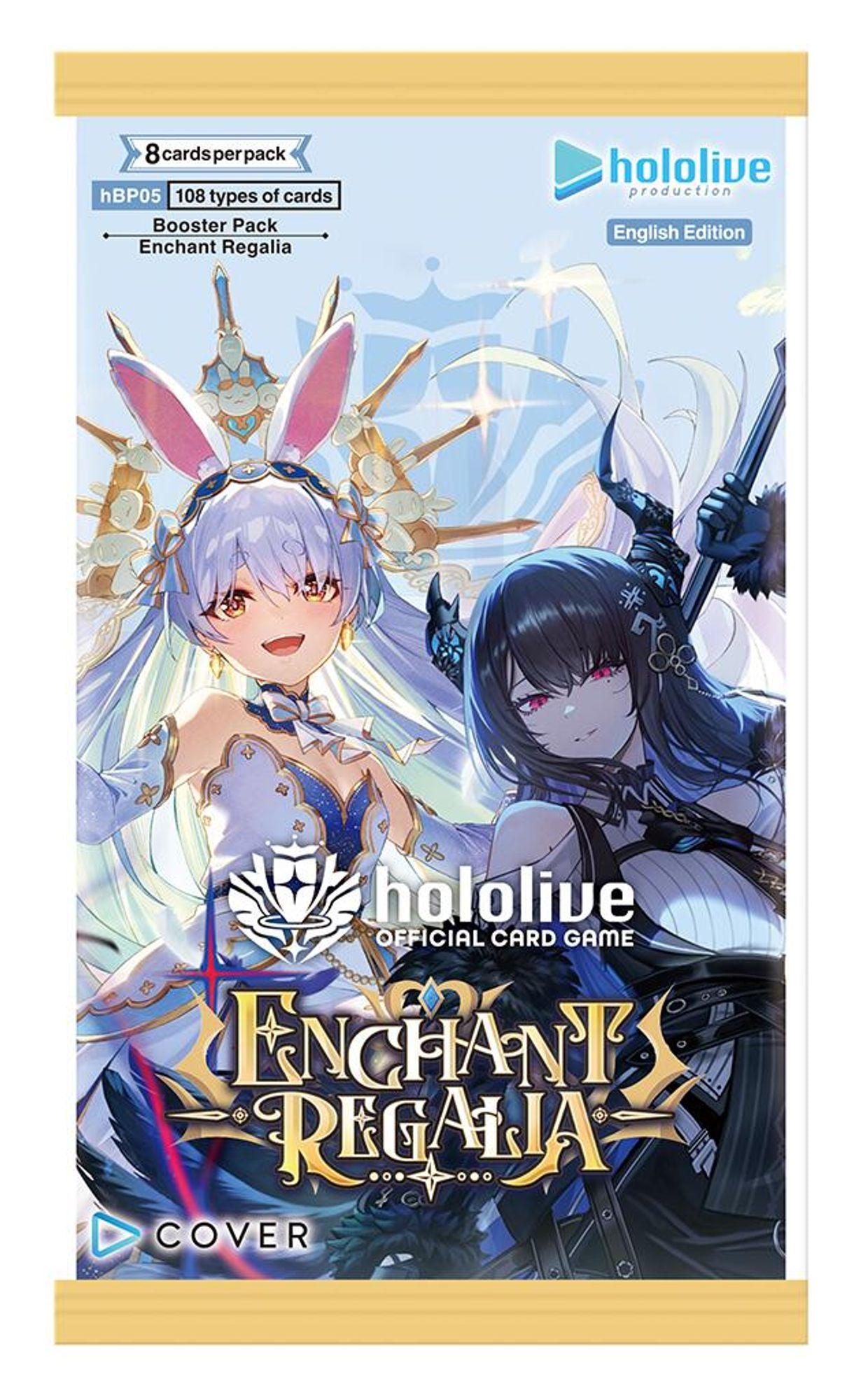 Booster pakke fra Hololive Enchant Regalia, engelsk utgave, med to hololive-idoler på forsiden, 8 kort per pakke.
