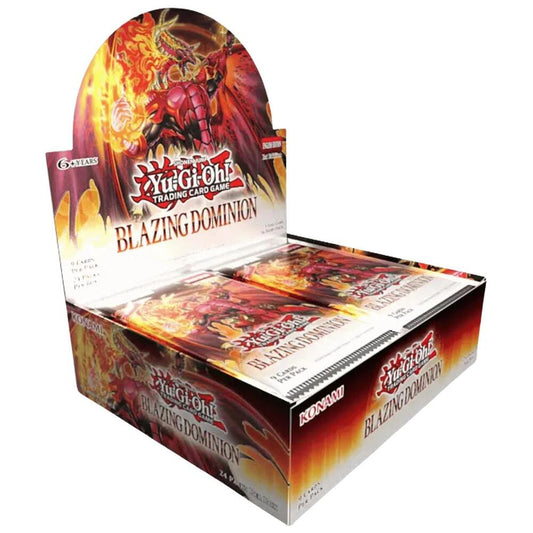 Yu-Gi-Oh! Blazing Dominion Booster Box, åpent display med 24 booster pakker og The Crimson King i flammer på esken