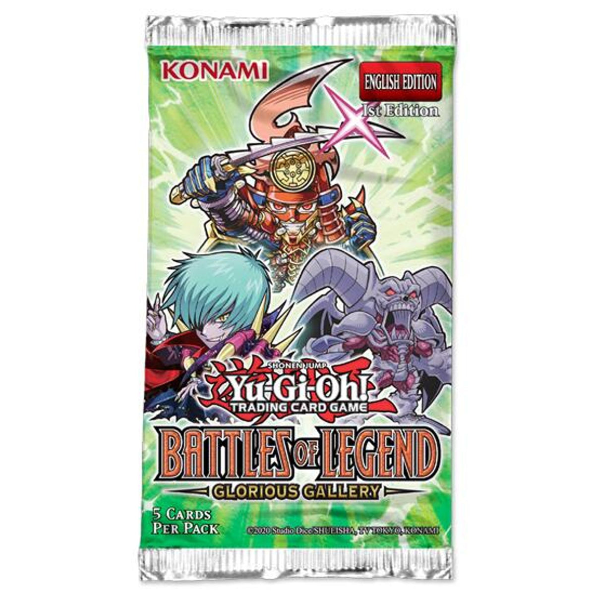 Booster pakke fra Yu-Gi-Oh! Battles of Legend: Glorious Gallery, 1st Edition, 5 kort per pakke.