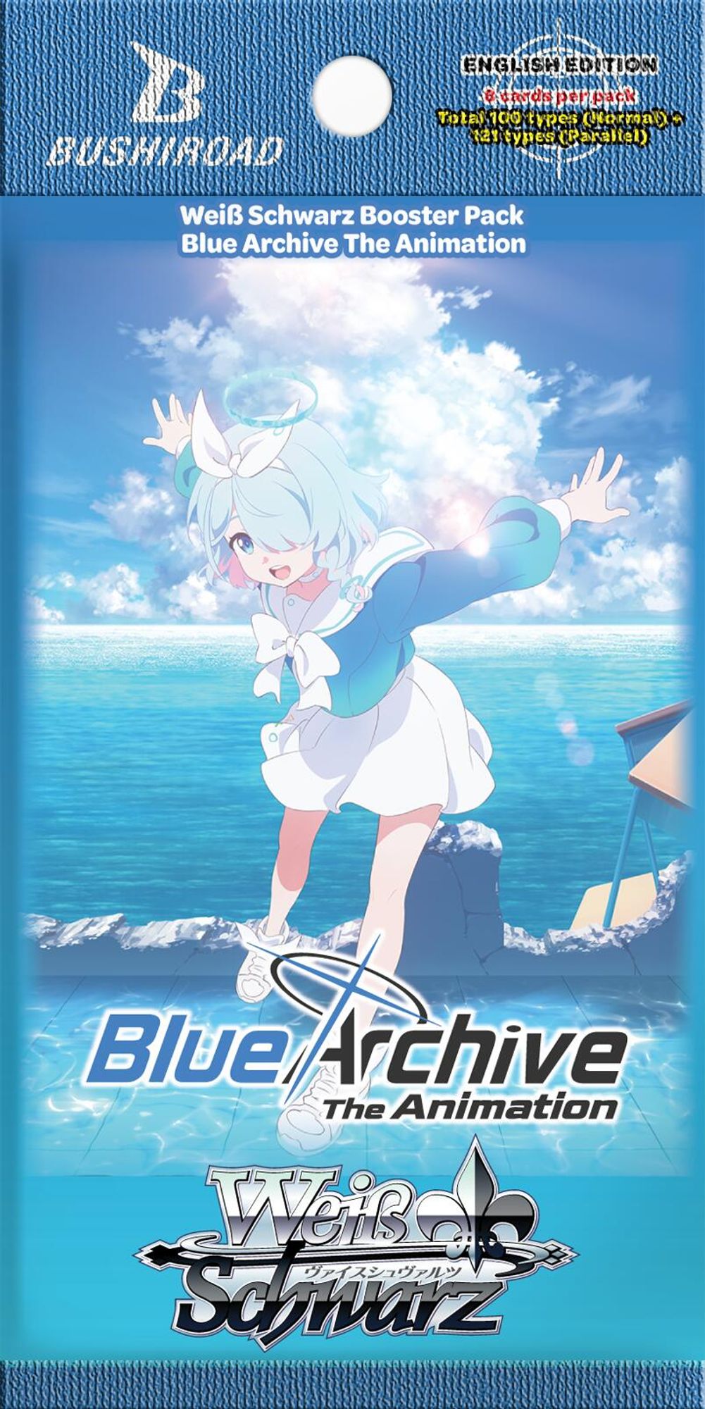Booster pakke fra Weiss Schwarz Blue Archive The Animation med en elev ved sjøen, 8 kort per pakke.