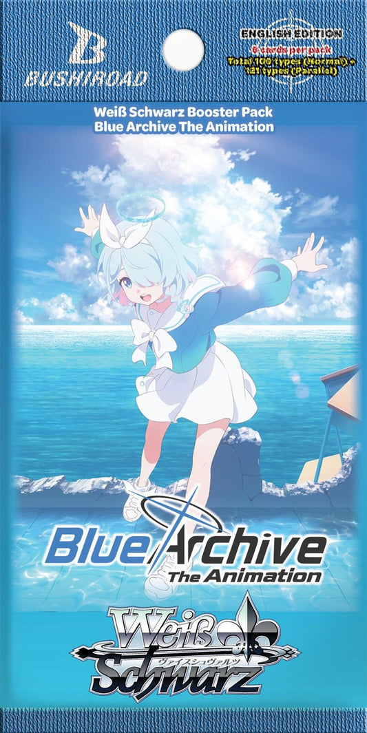 Booster pakke fra Weiss Schwarz Blue Archive The Animation med en elev ved sjøen, 8 kort per pakke.