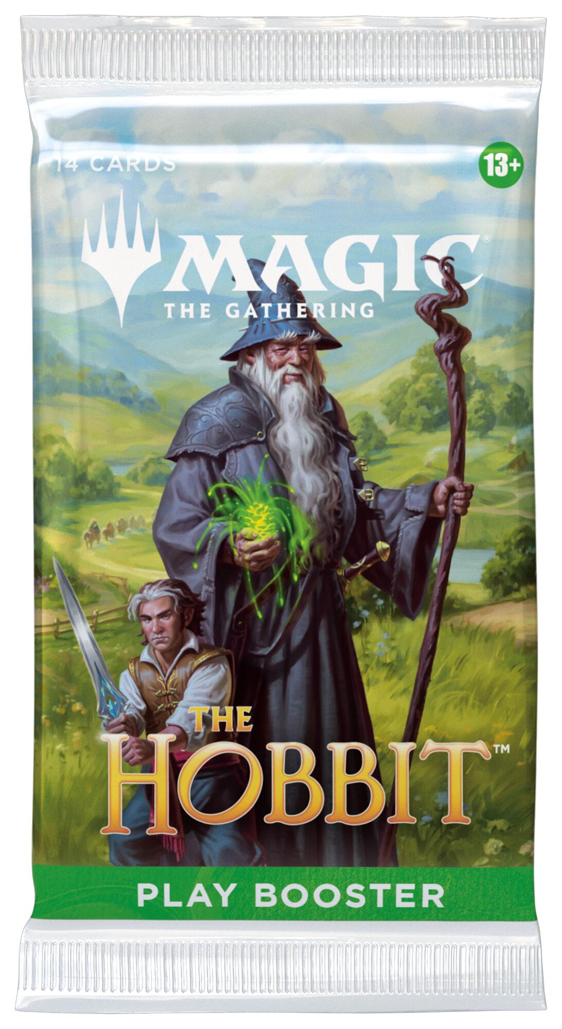 The Hobbit Play Booster pakke med 14 kort, Gandalf med staven og Bilbo med sverdet Sting på forsiden