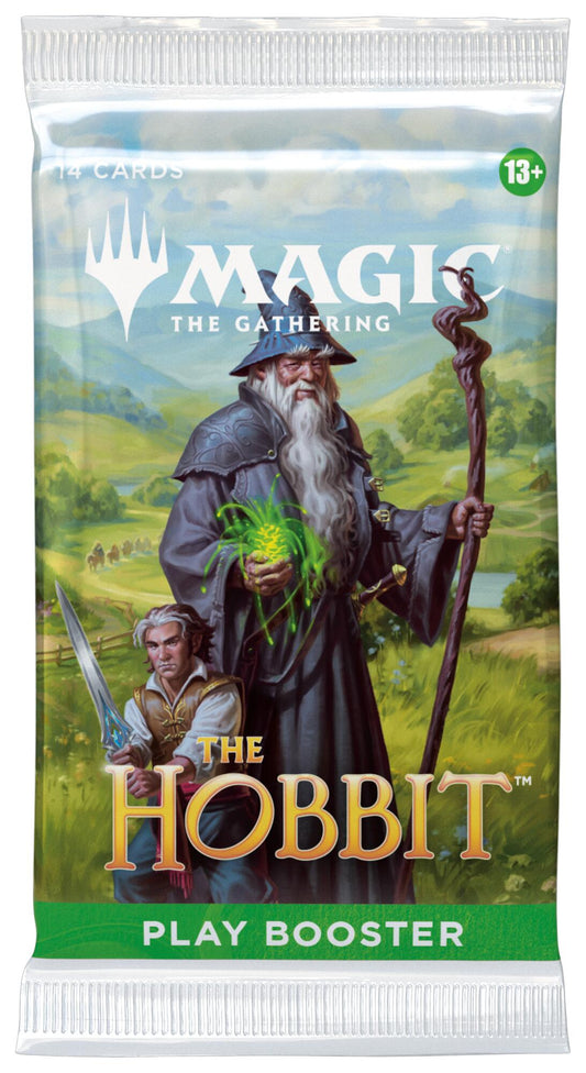 The Hobbit Play Booster pakke med 14 kort, Gandalf med staven og Bilbo med sverdet Sting på forsiden