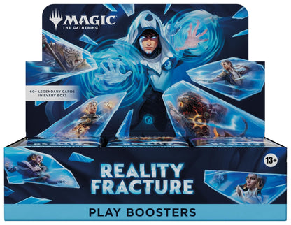 Magic The Gathering Reality Fracture Play Booster Box, åpent display med Jace i hvit hette og legendariske karakterer i knuste krystallskår