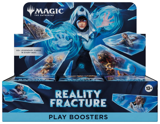 Magic The Gathering Reality Fracture Play Booster Box, åpent display med Jace i hvit hette og legendariske karakterer i knuste krystallskår