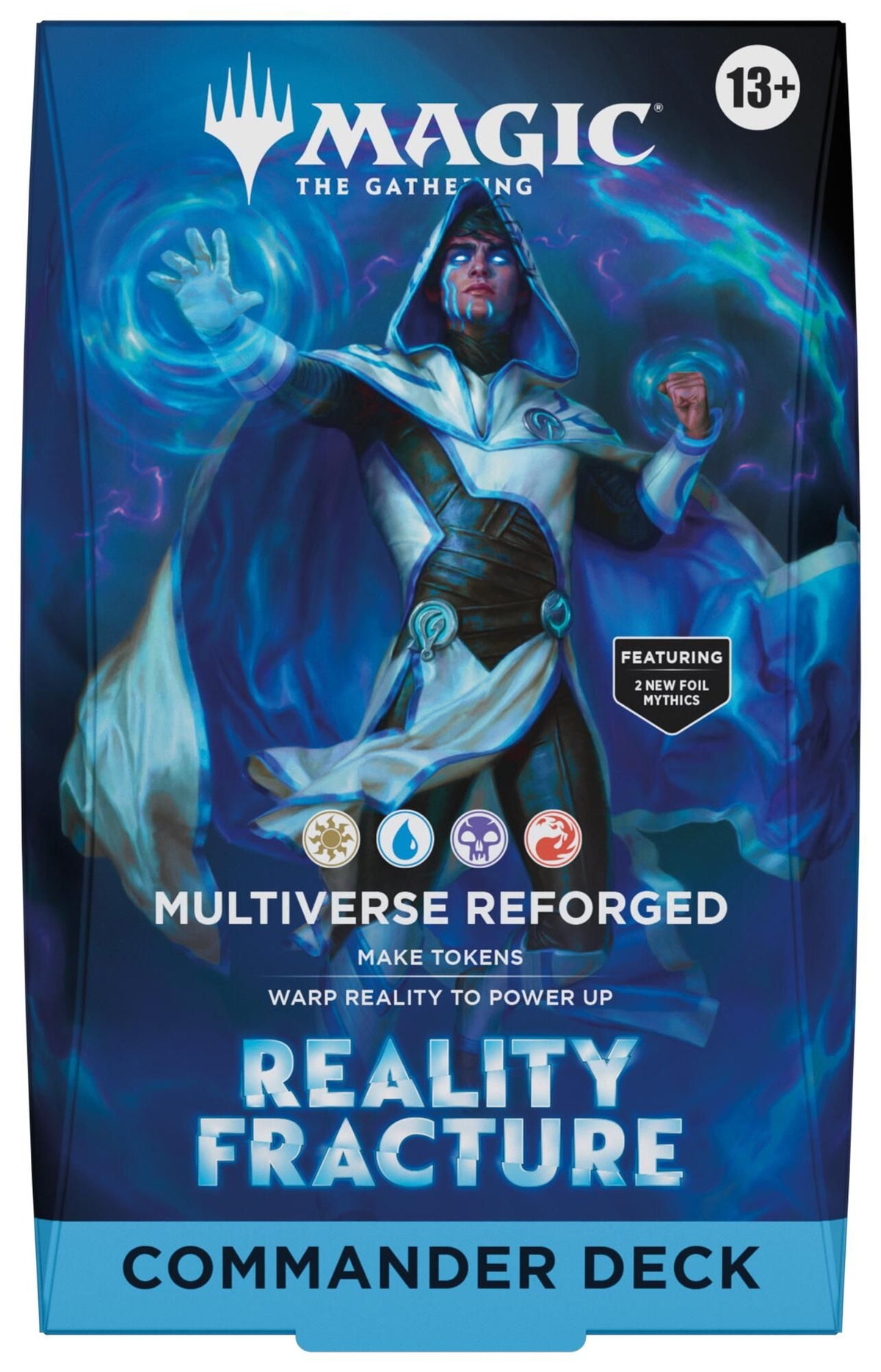 Magic The Gathering Reality Fracture Commander Deck Multiverse Reforged, Jace i hvit og blå kappe med fire fargesymboler på esken