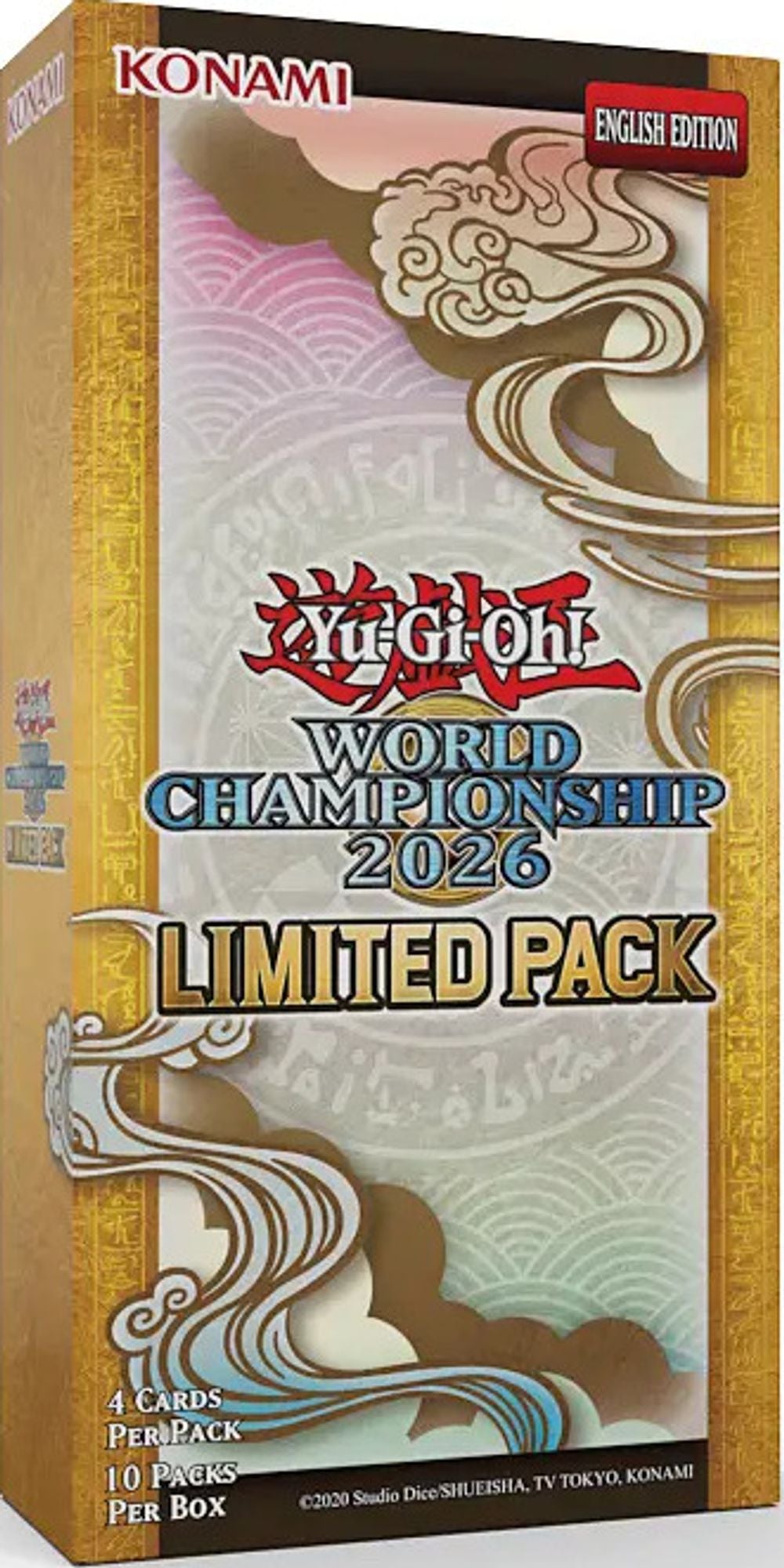 Yu-Gi-Oh! Limited Pack World Championship 2026 booster box i gull med skyer og bølger i ukiyo-e-stil, engelsk utgave
