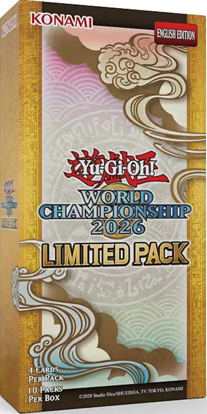 Yu-Gi-Oh! Limited Pack World Championship 2026 booster box i gull med skyer og bølger i ukiyo-e-stil, engelsk utgave