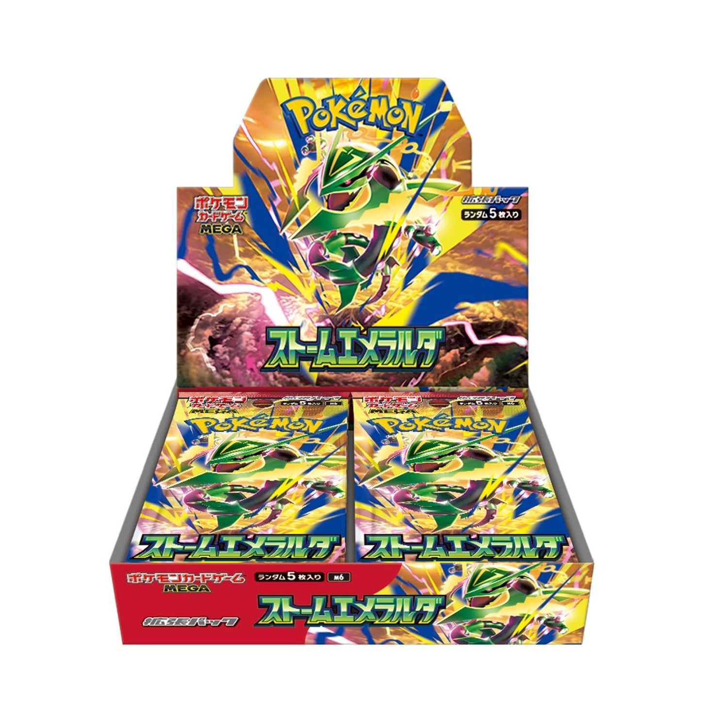 Pokemon Storm Emeralda Booster Box (japansk, MEGA M6) – åpent display med Mega Rayquaza og booster pakker