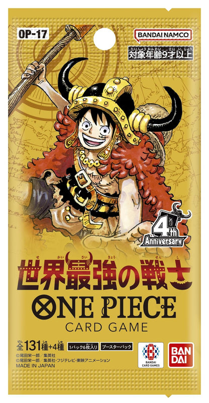 Japansk OP-17 booster pakke med Luffy i hornhjelm og 4th Anniversary-merke, 6 kort per pakke
